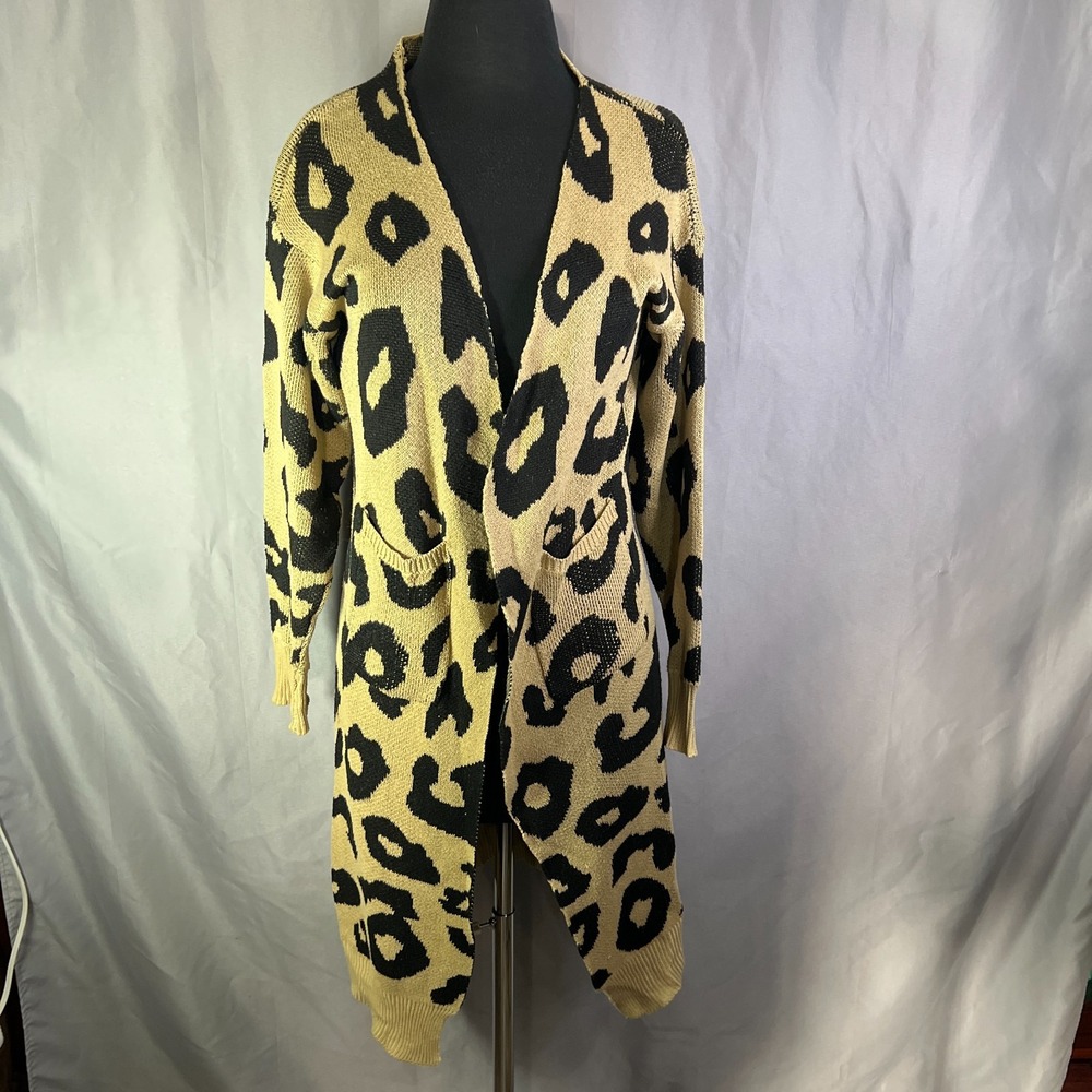Vestidos Cardigan Sweater Womens Medium Beige Black Cow Print Knit Ribbed Hem